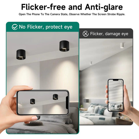 Flicker-free comparison of installed Dimmable Flush Mount LED Ceiling Light, 20W, 3 Color Temperatures 3000K/4000K/6000K, Black.