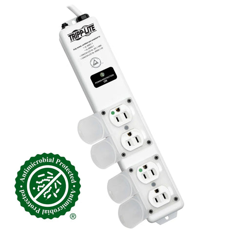 Medical Grade Surge Protector Power Strip With Four Outlets, 15 Feet Cord, NEMA 5-15P-HG Plug, antimicrobial protection label