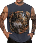 Mens Loose Fit Viking Wolf Graphic Workout Tank Top Muscle Gym Sleeveless Tee featuring a wolf design and gears on navy fabric.