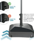 Beefy Mobile Umbrella Stand With Wheels And Locks Fillable Base Holds 125 Lbs Windproof Outdoor Pole Holder close-up view.