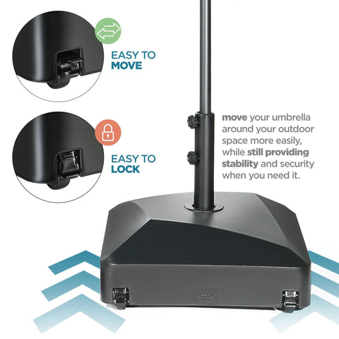 Beefy Mobile Umbrella Stand With Wheels And Locks Fillable Base Holds 125 Lbs Windproof Outdoor Pole Holder close-up view.