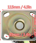 Set Of Two Heavy Duty Rubber Caster Wheels With Brakes Built Tough Industrial Trolley Casters For Workbenches Furniture showing mounting plate dimensions.