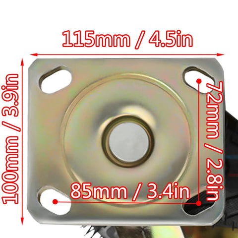 Set Of Two Heavy Duty Rubber Caster Wheels With Brakes Built Tough Industrial Trolley Casters For Workbenches Furniture showing mounting plate dimensions.