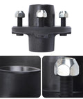 Trailer hub kit front view: BT8 1-inch square spindle, black hub with three mounting studs
Hub bore close-up: smooth inner cylindrical bore in black trailer hub kit
Spindle bolt close-up: threaded stud with hex nut on BT8 spindle

