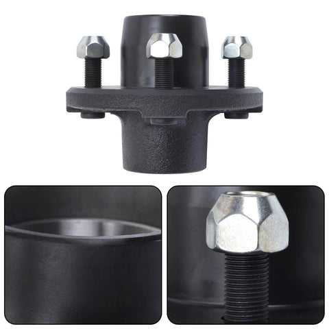 Trailer hub kit front view: BT8 1-inch square spindle, black hub with three mounting studs
Hub bore close-up: smooth inner cylindrical bore in black trailer hub kit
Spindle bolt close-up: threaded stud with hex nut on BT8 spindle

