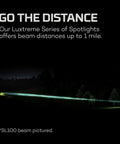 LuxTreme SL100 Spotlight Beast showing 1-mile LEP beam reaching distant trees at night, highlighting powerful long-distance capability.