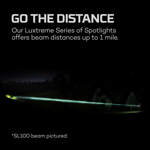 LuxTreme SL100 Spotlight Beast showing 1-mile LEP beam reaching distant trees at night, highlighting powerful long-distance capability.
