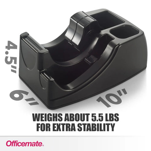 Heavy Duty Dual Function Tape Dispenser Built Tough For All Your Packing Needs Featuring Weighted Five Point Five Pound Base For Rock Solid Stability And Effortless Pulling Of Wide Packing Tape Rolls Plus Handy Compartment For Desk Gadgets In Sleek Black