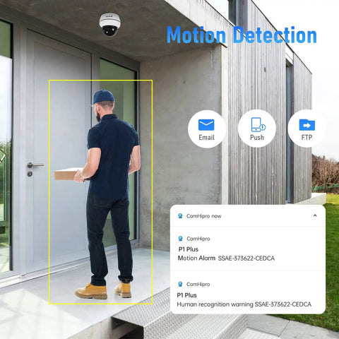 Outdoor PTZ POE Cam 5MP Dome With 5X Optical Zoom, IR Night Vision, Human And Motion Detection, capturing delivery at door.