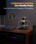 Heavy Duty Tower Power Strip Game Changing Surge Protection With Retractable Cable Featuring Twelve Wide AC Outlets Plus Four Fast Charging USB Ports For Easy Setup on desk with devices plugged in.