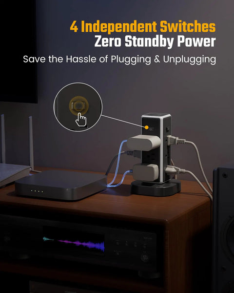 Heavy Duty Tower Power Strip Game Changing Surge Protection With Retractable Cable Featuring Twelve Wide AC Outlets Plus Four Fast Charging USB Ports For Easy Setup on desk with devices plugged in.