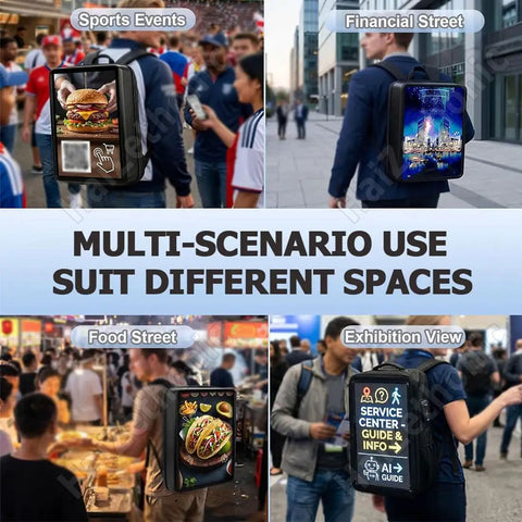 High Quality Premium 21.5 Inch Advertising Lcd Backpack delivering slick 1080P HD viewing angles in various outdoor promotion scenarios.
