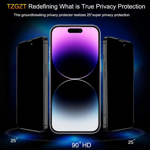 Peep Proof Privacy Screen Protector For iPhone 14 Pro Max 3 Pack With 25 Degree Anti Spy Shield installed on three phones