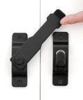 Matte Black Stainless Steel Barn Door Latch 4.33 By 3.23 Inch Tough As Nails Heavy Duty Flip Door Lock being flipped to secure doors