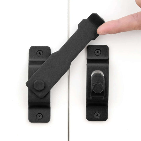 Matte Black Stainless Steel Barn Door Latch 4.33 By 3.23 Inch Tough As Nails Heavy Duty Flip Door Lock being flipped to secure doors
