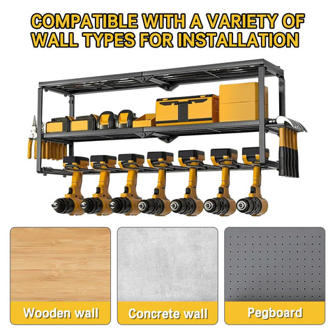 Heavy Duty Wall Mounted Power Tool Organizer For Garage And Workshop, Metal Storage Rack with drills and tool holders