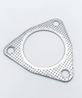3-inch exhaust gasket, triangular flange with three bolt holes and large central bore; front view, silver dotted-textured metal
