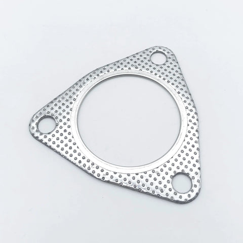 3-inch exhaust gasket, triangular flange with three bolt holes and large central bore; front view, silver dotted-textured metal