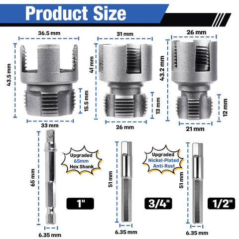 Essential 3 Pcs PVC Pipe Threader Tool Set For Quick Plumbing Repairs Upgraded Mixed Design size specifications with hex shank dimensions.