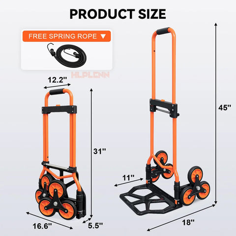Heavy Duty Stair Climbing Hand Truck With Quick Fold Frame And Smooth Rolling Wheels For Zero Stress Moving No Sweat 300 Lb Cargo Hauler dimensions shown at 45 inches height and 18 inches base.