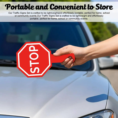 Stop And Go Traffic Sign With Handle For Kids Double Sided Red Light Green Light Crossing Guard Sign Waterproof PVC Safety Tool For Classroom And Garage Totally Easy To Use Stop Go Signal For Learning shown being held by a hand in front of a car's hood.