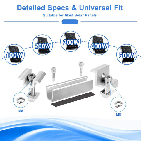 Kickass Heavy Duty Anodized Aluminum Solar Panel Roof Mount Hardware Kit parts including clamps, rails, screws for four panels.