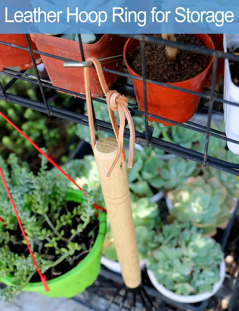 15 Inch Garden Claw Rake with leather hoop ring for storage hanging on garden rack near plants