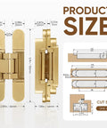 Heavy Duty Six Inch Hidden Door Hinges Two Pack Three Way Adjustable Invisible Concealed Hardware With Sleek Gold Finish size dimensions image.