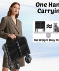 Woman holding Foldable Wagon With Adjustable Handle Grab And Go Ready Ultra Lightweight Collapsible Cart For Beach Trips Camping Shopping Travel And Picnics 280 Lb Capacity Dark Black Portable Wagon For Groceries And Outdoor Fun with wheels, folded for easy transport.