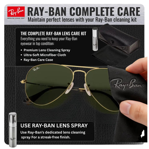 RB3025 Pilot Shape Non Polarized Sun Shades With G15 Green Lenses For Men And Women Includes Official Eyewear Kit Perfect For Formal And Casual Wear Everyday Ready shown with care kit and cleaning cloth