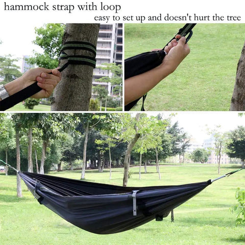 Ultra Lightweight Camping Hammock With Mosquito Net And Rainfly A Backpacker Ready Portable Sleeping Hammock Tent For Trail Trips And Outdoor Adventures Orange straps set up on trees