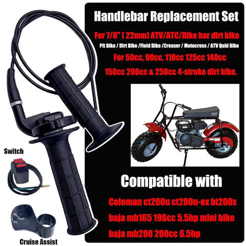 Twist Throttle Grip Kit With 7 Eighths Inch Handlebar Grips, Cable And Clamp For 50cc To 250cc Dirt Bikes, ATVs, Quads And Pit Bikes, Fits Coleman CT200U And Similar Mini Bikes, Easy Install, Durable Aluminum Clamp