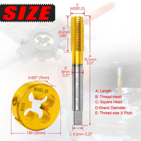 M10 X 1.25 Tap And Die Set Right Hand With M2 HSS Machine Thread Tap And Round Die, product dimensions displayed.