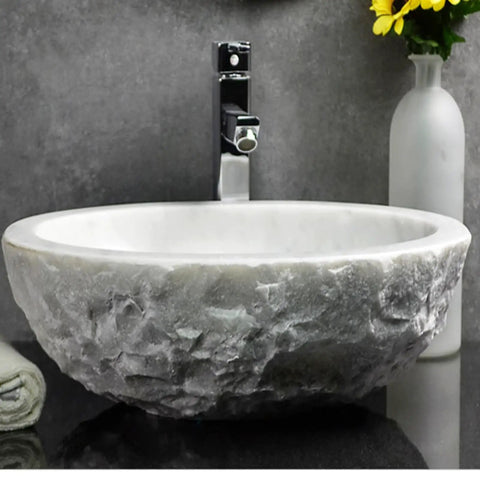 Durable Modern Oval Marble Vessel Sink Handcrafted From Real Natural Stone Above Counter Bathroom Vanity Bowl with sleek polish.