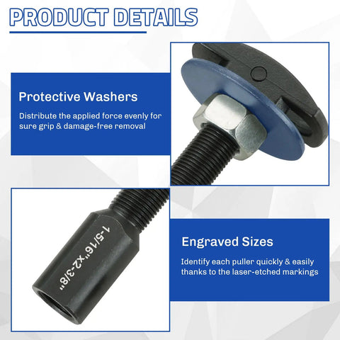 Close-up of engraved puller set from Rear Axle Bearing Remover Puller Slide Hammer Set Built Tough for Auto Repair 3 Piece Kit.