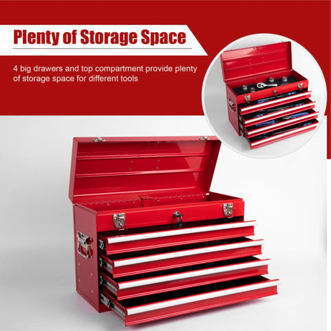 Open 4-Drawer Heavy Duty Metal Tool Chest With Ball Bearing Slides Portable Steel Tool Box Lockable Organizer With EVA Liners