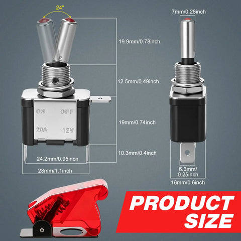 12V LED Toggle Switches Kit 12 Pack Heavy Duty SPST Rocker With Safety Flip Covers 20A 3 Pin Blade Red dimensions