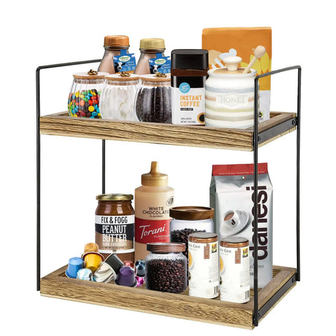 Two Tier Bathroom Organizer For Countertop And Vanity, Wooden Double Tray Shelf For Kitchen Spices And Everyday Stuff, Rustic Storage Shelf For Bathroom Kitchen And Coffee Bar, Includes Non Slip Mat filled with coffee and pantry items
