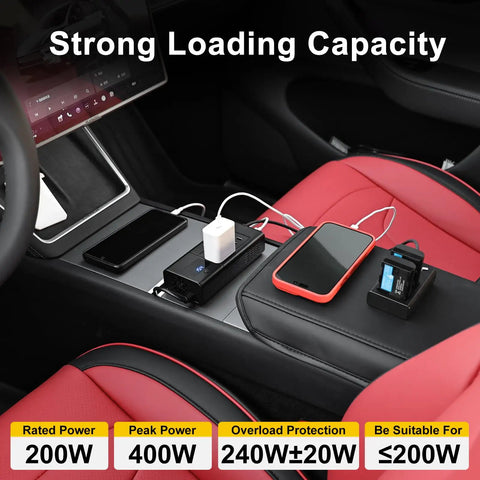 Portable 200W Car Power Inverter Dc 12 Volt To 110 Volt Ac Converter Compatible With 16 Volt Trucks Rigs And Teslas Plug And Play To Juice Up Any Device Sweet Ride in car cup holder with devices charging.