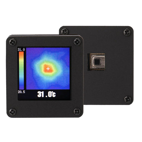 Front and back view of USB Powered AMG8833 Infrared Thermal Imager 8x8 Sensor Array with Housing for Easy Electronics Inspections.
