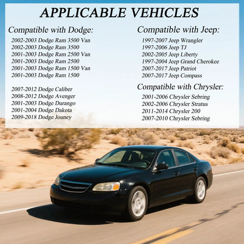 Chrysler Radiator Cap Replacement For 1993 To 2007 Jeep Wrangler Dodge Journey Compass Patriot Sebring Caliber Fits 52028810AL 55116901AA Durable Coolant Seal Easy Install Prevents Overheating High Quality Auto Part compatibility chart with listed vehicles above a black sedan on desert road.