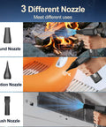 Illustration of 180000 RPM Cordless Air Duster With Brushless Motor, LED Light, and Rechargeable Stepless Speed Control for multitasking with three nozzles for versatile use.