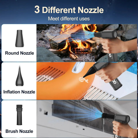 Illustration of 180000 RPM Cordless Air Duster With Brushless Motor, LED Light, and Rechargeable Stepless Speed Control for multitasking with three nozzles for versatile use.