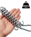 Two chrome porch-swing springs with carabiners at ends; heavy-duty stainless steel coils.