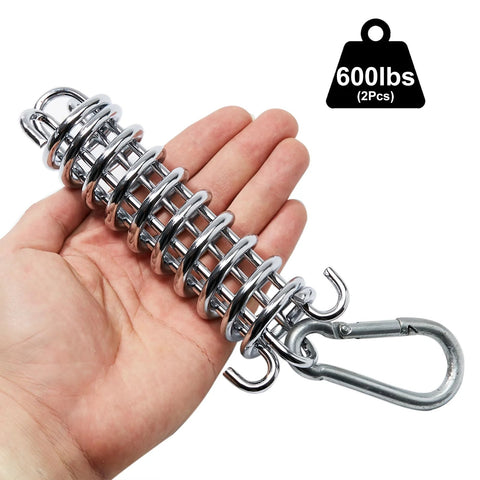 Two chrome porch-swing springs with carabiners at ends; heavy-duty stainless steel coils.