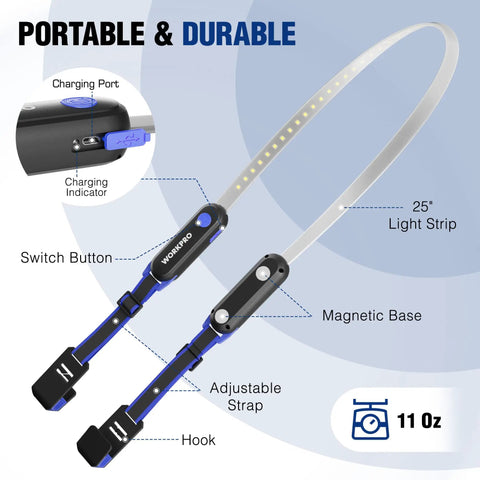 25 Inch LED Underhood Work Light With Foldable Bar Three Lighting Modes Low Medium High Magnetic And Adjustable Straps