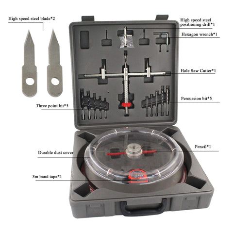 Adjustable Hole Saw Cutter Kit 40 To 300mm Circle Hollow Drill Bit Set with ABS Dust Cover in case, various drill bits visible