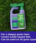 Heavy Duty Liquid Lawn Fertilizer With Iron And Nitrogen, 32 Ounce bottle with hose end sprayer, on grass surface.