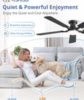 Woman and dog in living room with 52 Inch Ceiling Fan With Light And Remote App Control Room Ready Low Profile Flush Mount Dimmable 20W LED Light Quiet Reversible Motor For Bedroom Living Room Apartment Black