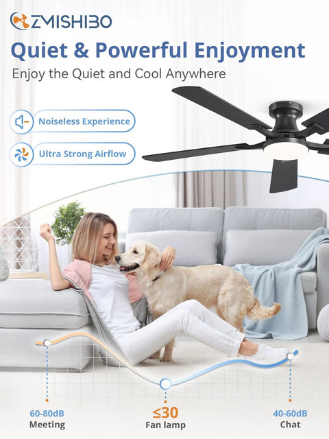Woman and dog in living room with 52 Inch Ceiling Fan With Light And Remote App Control Room Ready Low Profile Flush Mount Dimmable 20W LED Light Quiet Reversible Motor For Bedroom Living Room Apartment Black